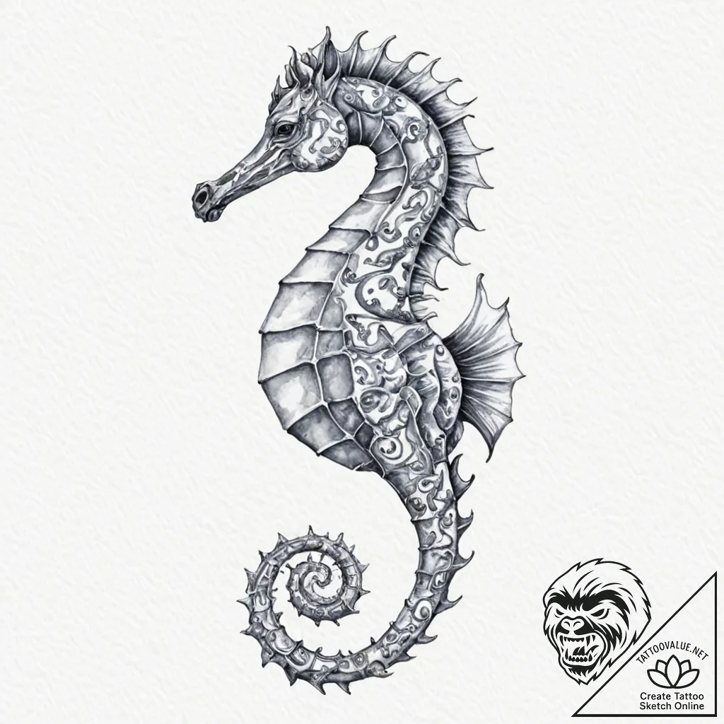 A majestic sea horse, a delicate watercolor p... - tattoo sketch (№1752069414_0, 09.07.2025 13:56) — tattoovalue.net