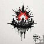 A silhouette of a city skyline, with a giant,… – tattoo sketch (№1752070164_0, 09.07.2025 14:09) — tattoovalue.net