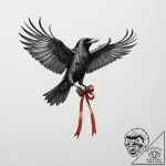 A realistic raven, with a single, red ribbon… – tattoo sketch (№1752075251_0, 09.07.2025 15:34) — tattoovalue.net