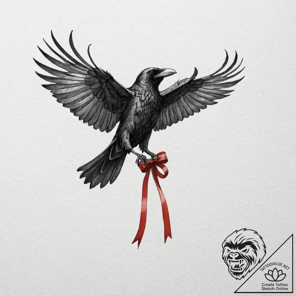 A realistic raven, with a single, red ribbon... - tattoo sketch (№1752075251_0, 09.07.2025 15:34) — tattoovalue.net