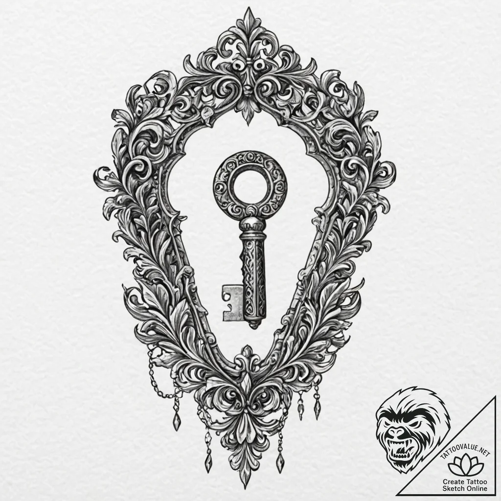 A single, perfect key, about to enter a compl... - tattoo sketch (№1752075335_0, 09.07.2025 15:35) — tattoovalue.net