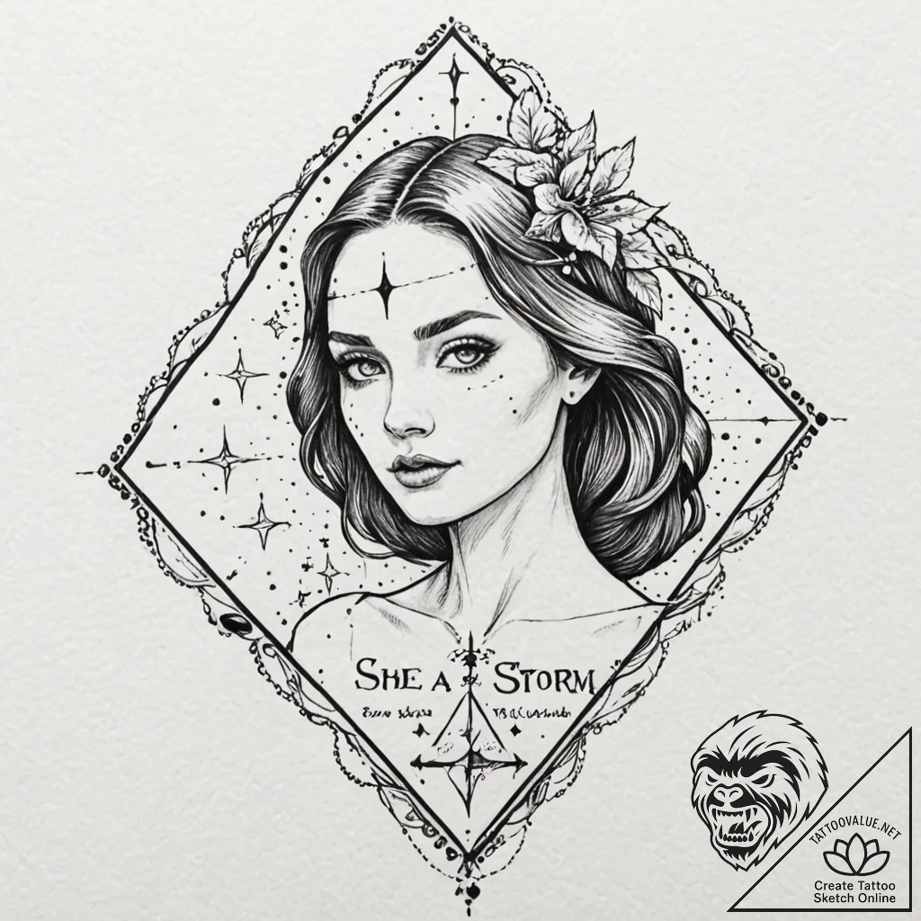 A quote "she is a storm with skin", tattoo fl... - tattoo sketch (№1752075418_0, 09.07.2025 15:36) — tattoovalue.net