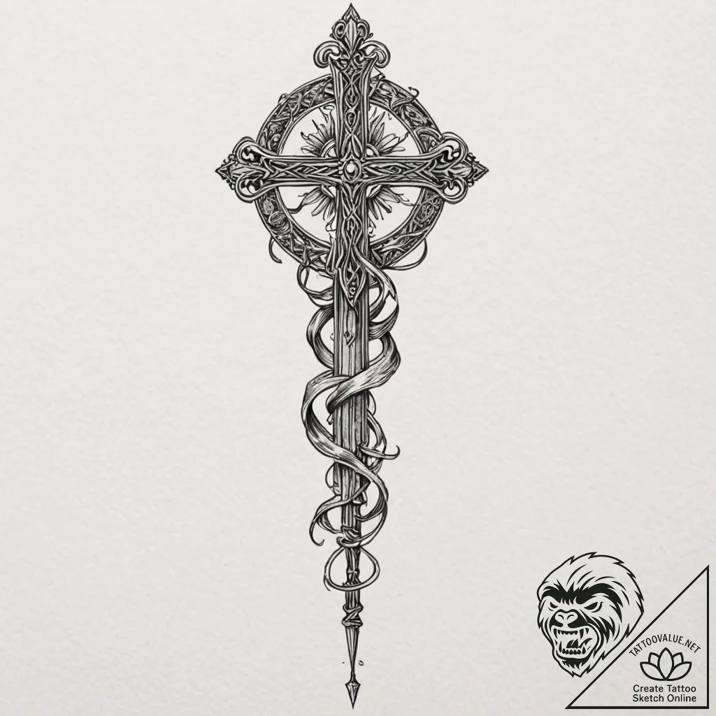 A beautiful, intricate sword, its hilt is a d... - tattoo sketch (№1752075627_0, 09.07.2025 15:40) — tattoovalue.net