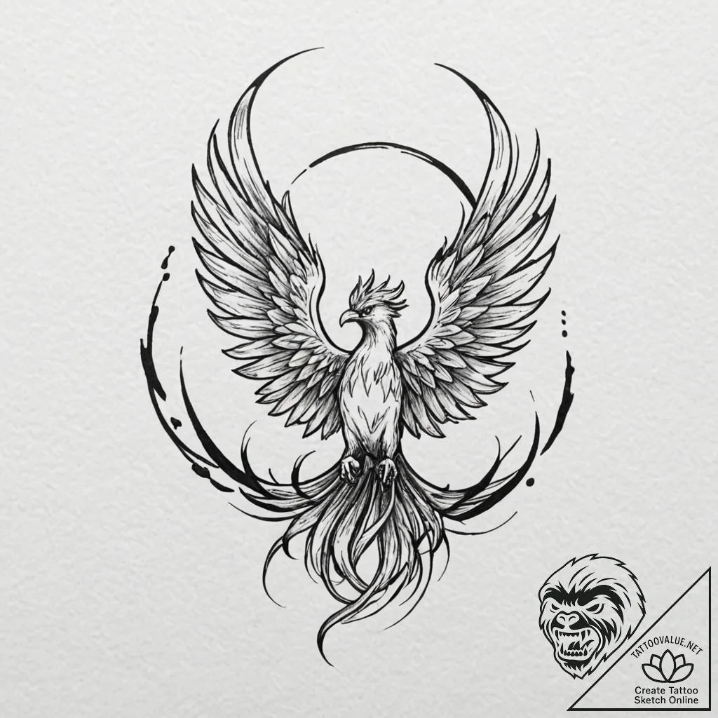 A phoenix, in the moment of rebirth, its eyes... - tattoo sketch (№1752076184_0, 09.07.2025 15:49) — tattoovalue.net