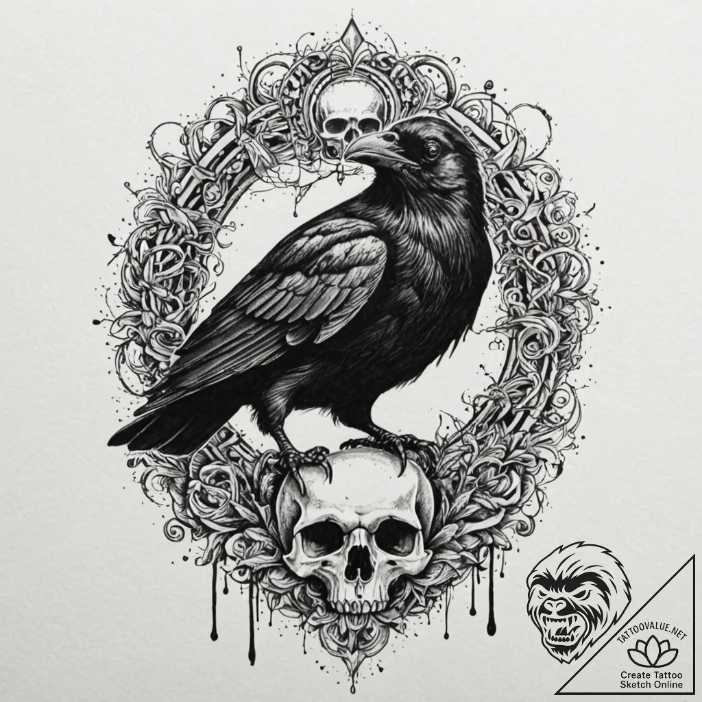 A realistic crow, perched on a human skull, w... - tattoo sketch (№1752076342_0, 09.07.2025 15:52) — tattoovalue.net