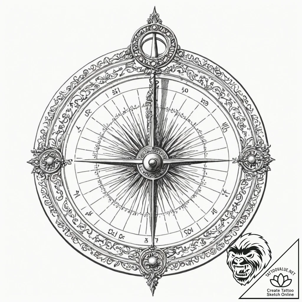 A beautiful, ornate sundial, with a single, c... - tattoo sketch (№1752076421_0, 09.07.2025 15:53) — tattoovalue.net