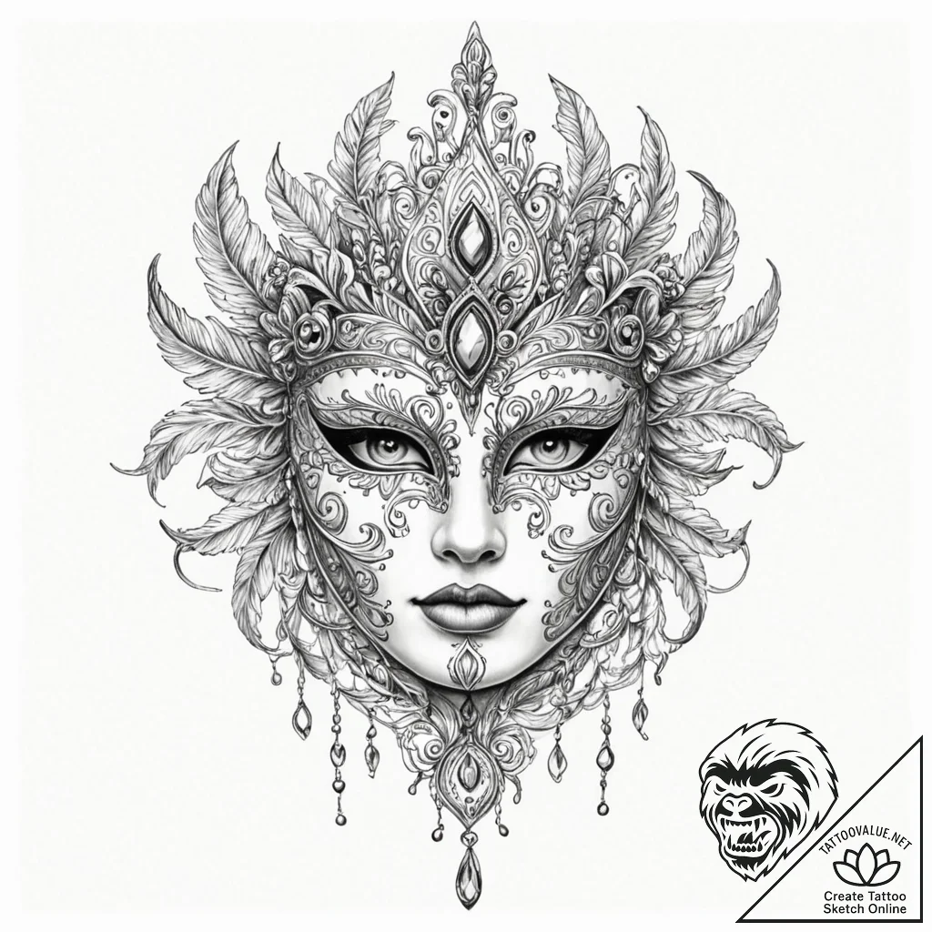 A beautiful, ornate venetian mask, hinting at... - tattoo sketch (№1752076580_0, 09.07.2025 15:56) — tattoovalue.net