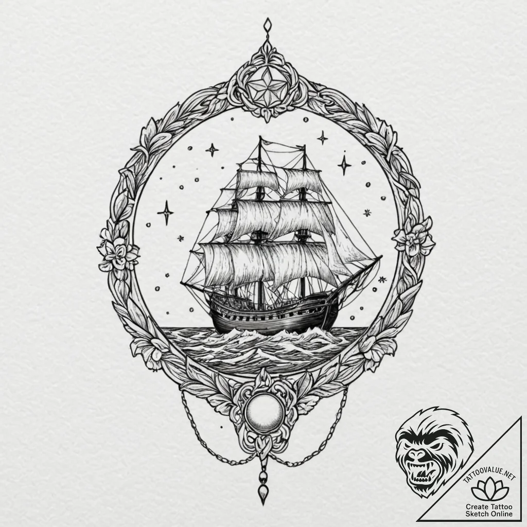 A beautiful, radiant star, guiding a lost shi... - tattoo sketch (№1752077920_0, 09.07.2025 16:18) — tattoovalue.net