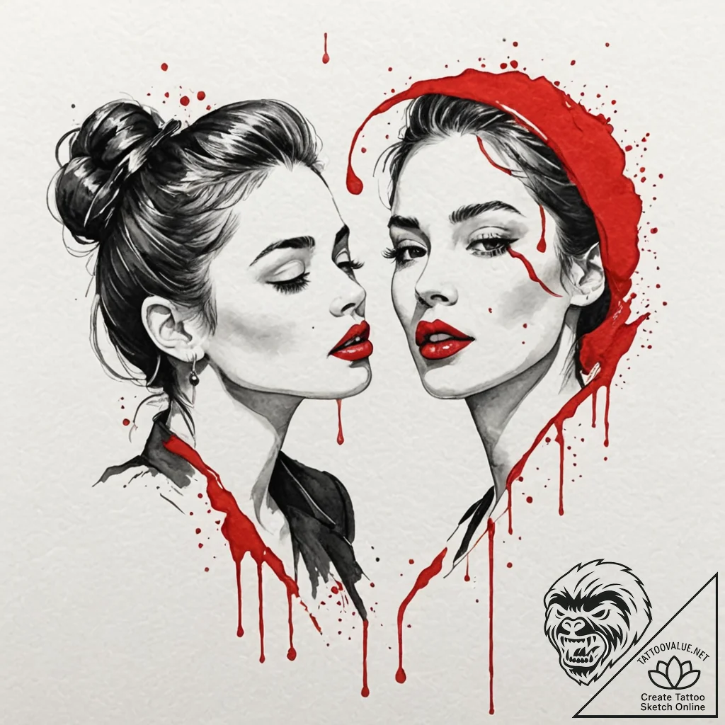 A pair of luscious, red lips, with a single d... - tattoo sketch (№1752078168_0, 09.07.2025 16:22) — tattoovalue.net