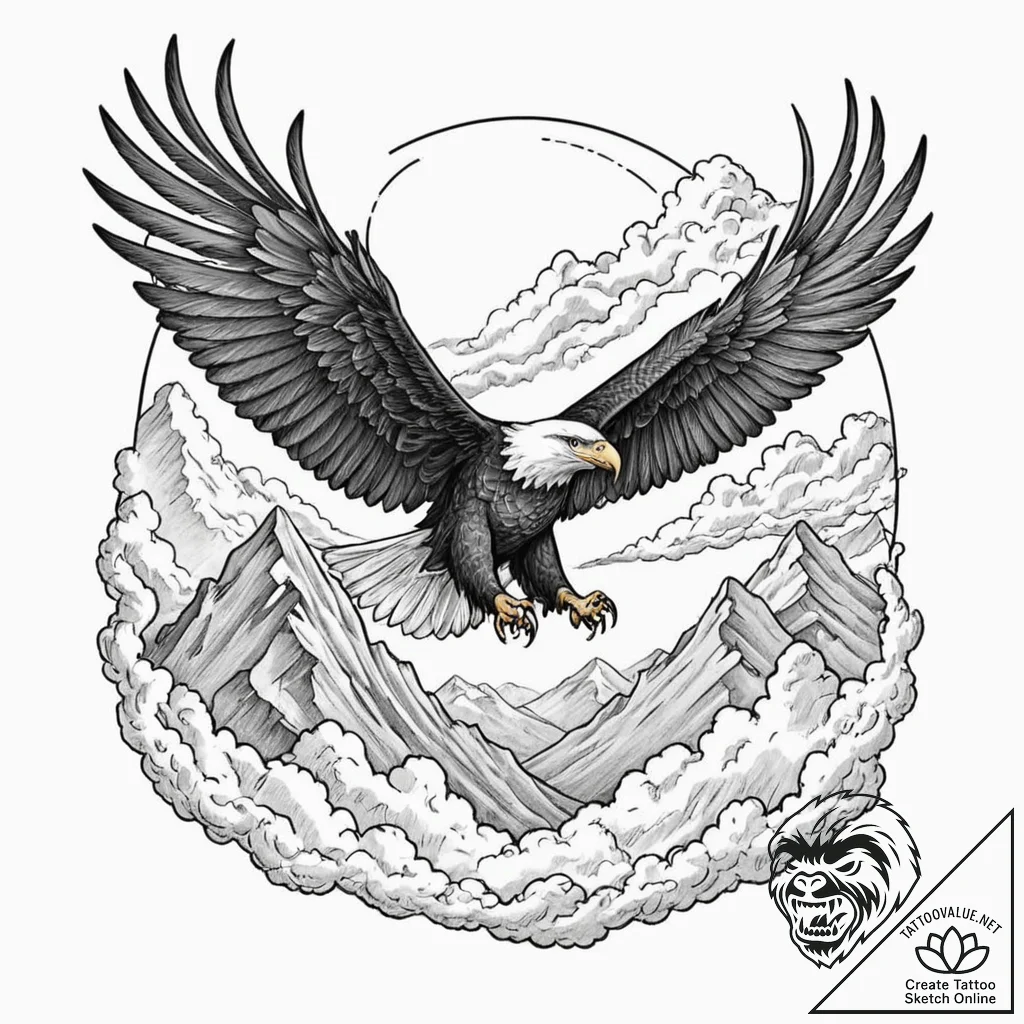 A powerful eagle, soaring high above the clou... - tattoo sketch (№1752078252_0, 09.07.2025 16:24) — tattoovalue.net