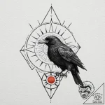 A realistic raven, with a red, geometric sun… – tattoo sketch (№1752079090_0, 09.07.2025 16:38) — tattoovalue.net