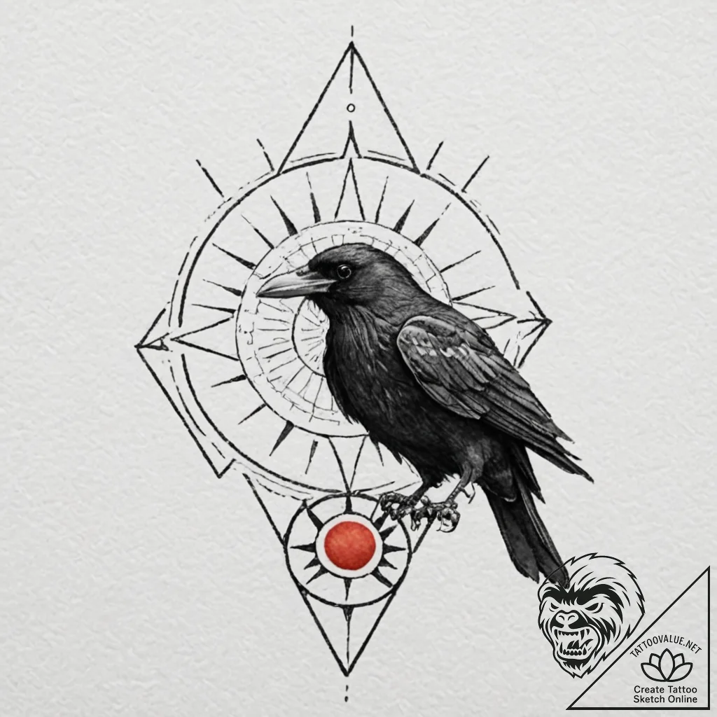 A realistic raven, with a red, geometric sun... - tattoo sketch (№1752079090_0, 09.07.2025 16:38) — tattoovalue.net