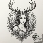 A beautiful woman with antlers like a deer, a… – tattoo sketch (№1752080174_0, 09.07.2025 16:56) — tattoovalue.net