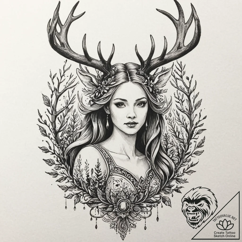 A beautiful woman with antlers like a deer, a... - tattoo sketch (№1752080174_0, 09.07.2025 16:56) — tattoovalue.net