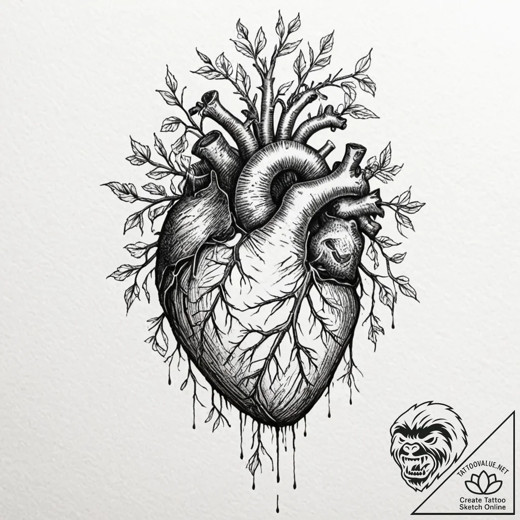 A human heart, with roots growing from it, pl... - tattoo sketch (№1752080840_0, 09.07.2025 17:07) — tattoovalue.net