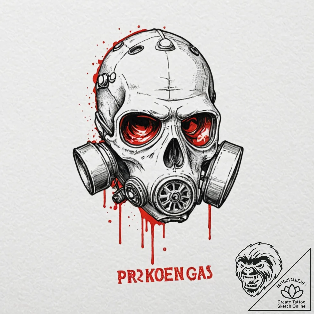 A skull, wearing a broken gas mask, with red... - tattoo sketch (№1752081603_0, 09.07.2025 17:20) — tattoovalue.net