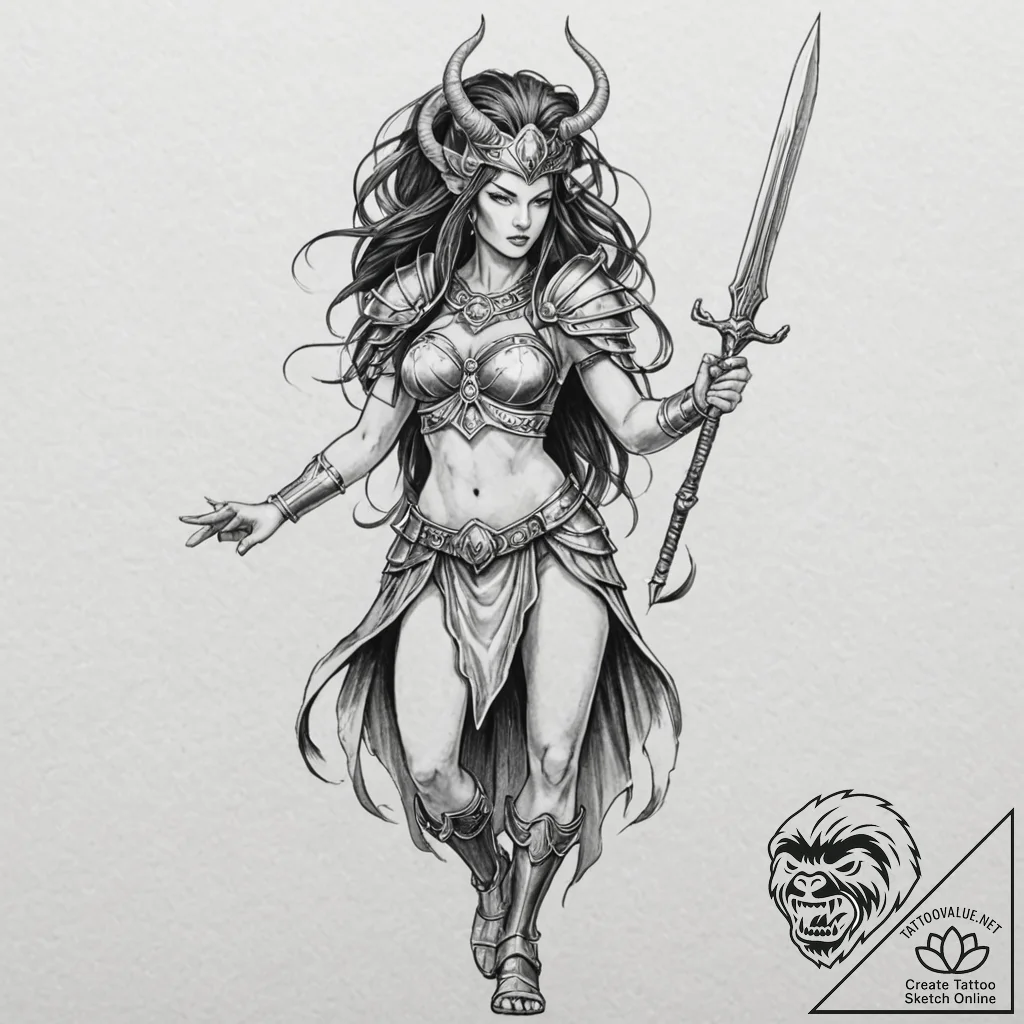 A beautiful but fierce goddess of war, like m... - tattoo sketch (№1752081767_0, 09.07.2025 17:22) — tattoovalue.net