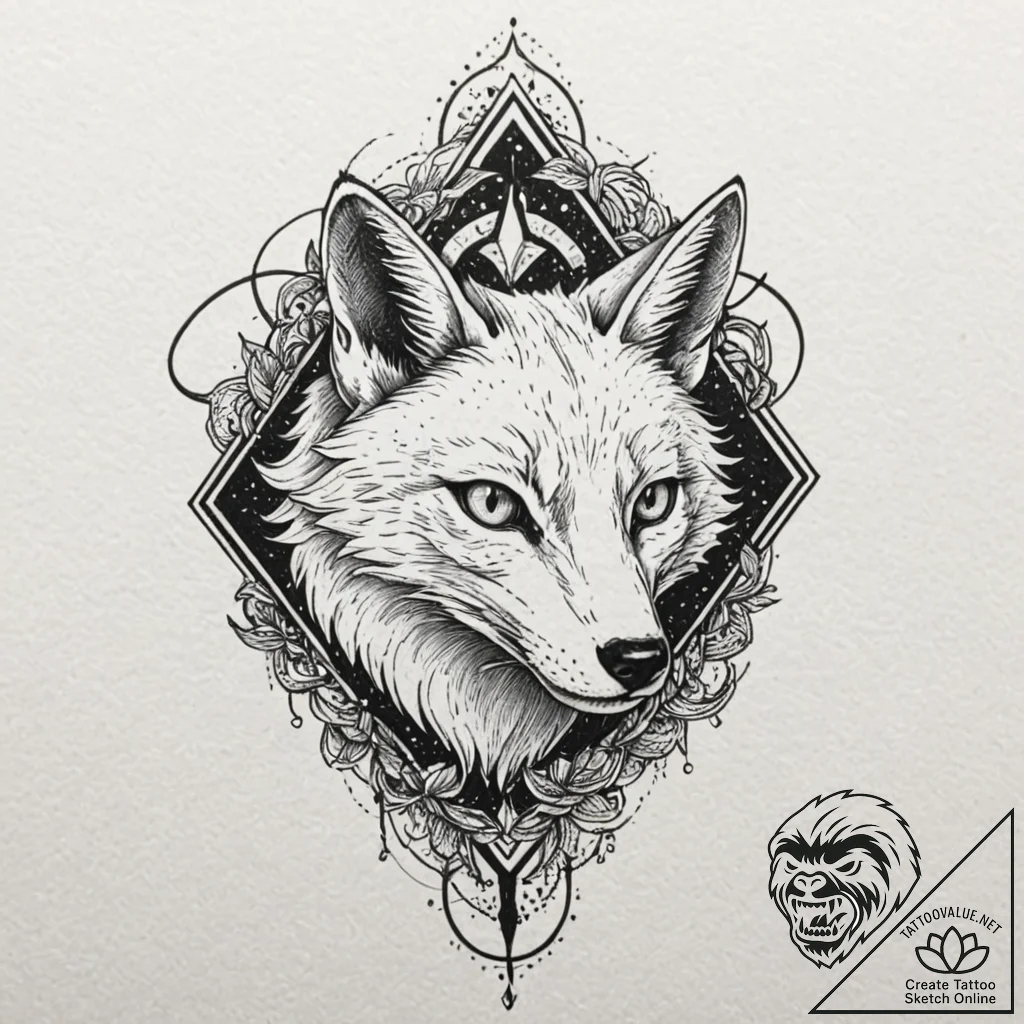 A beautiful, but deadly kitsune, revealing it... - tattoo sketch (№1752082518_0, 09.07.2025 17:35) — tattoovalue.net