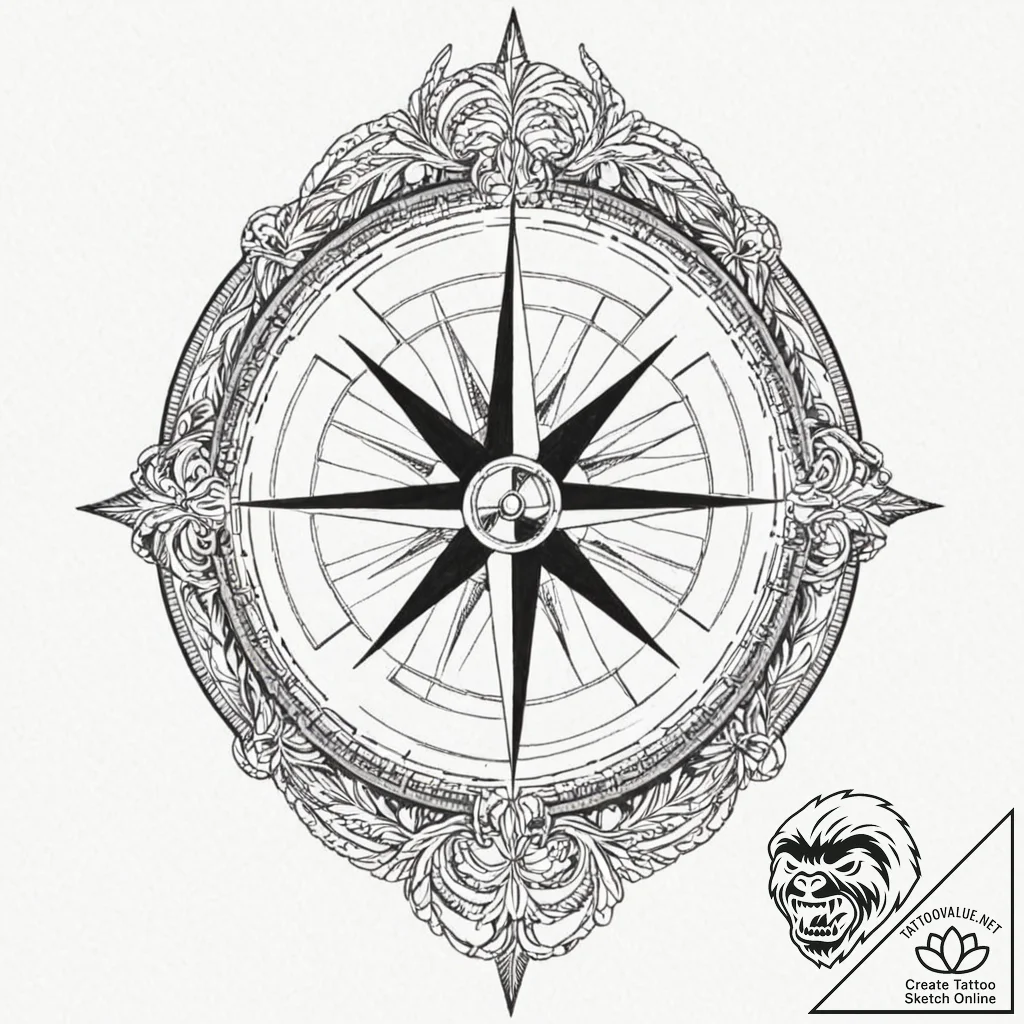 A beautiful, ornate antique compass, symboliz... - tattoo sketch (№1752082685_0, 09.07.2025 17:38) — tattoovalue.net