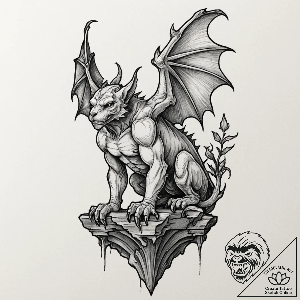 A beautiful, but menacing gargoyle, perched a... - tattoo sketch (№1752082767_0, 09.07.2025 17:39) — tattoovalue.net