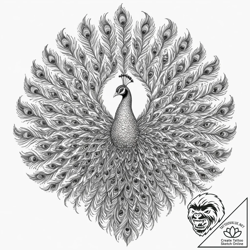 A beautiful peacock, its magnificent tail is... - tattoo sketch (№1752083748_0, 09.07.2025 17:55) — tattoovalue.net