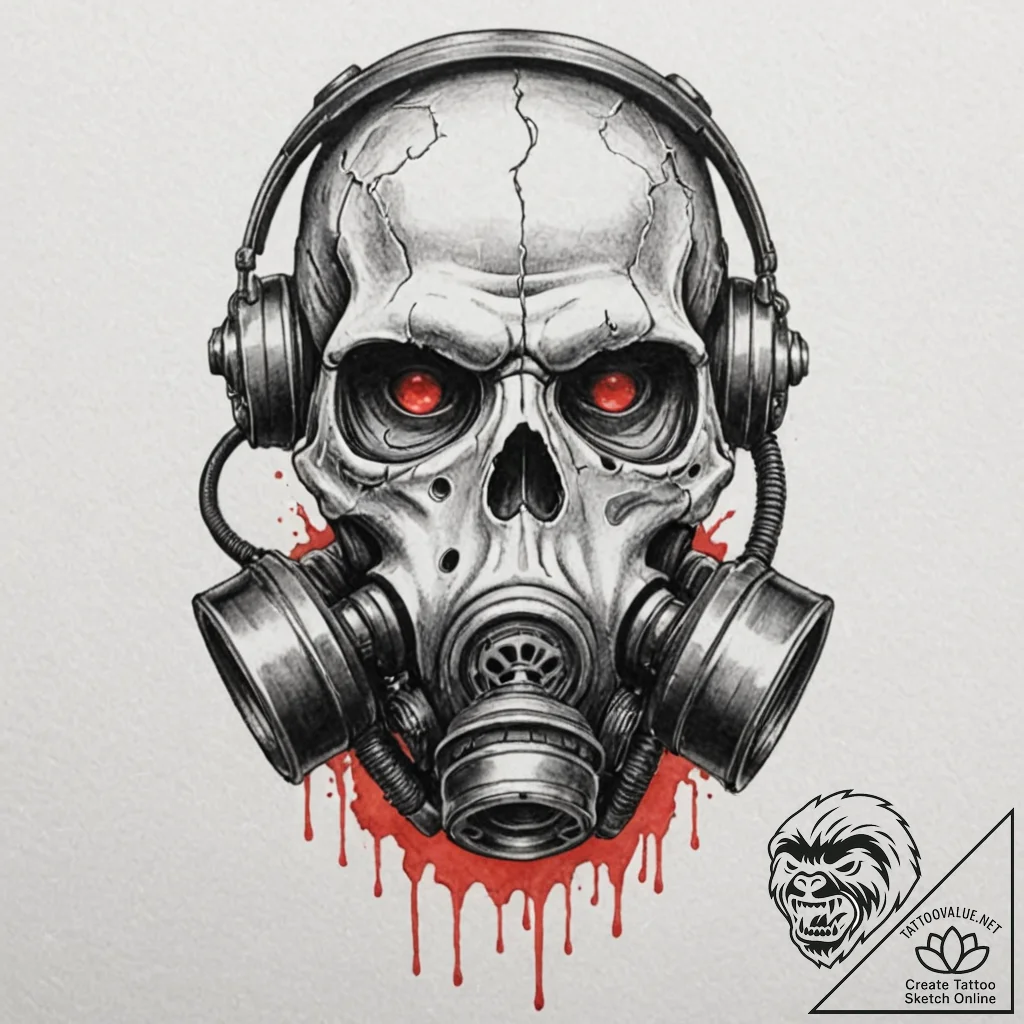 A skull, wearing a broken gas mask, with red... - tattoo sketch (№1752083828_0, 09.07.2025 17:57) — tattoovalue.net