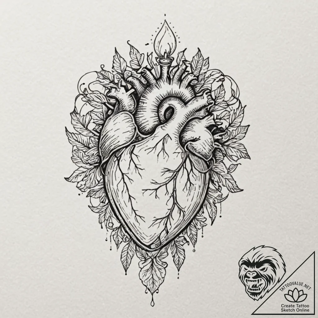 A human heart, with a small, glowing candle i... - tattoo sketch (№1752084557_0, 09.07.2025 18:09) — tattoovalue.net