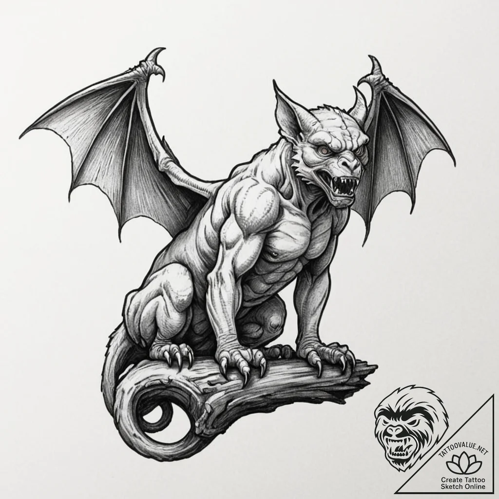 A beautiful, but menacing gargoyle, perched a... - tattoo sketch (№1752084808_0, 09.07.2025 18:13) — tattoovalue.net