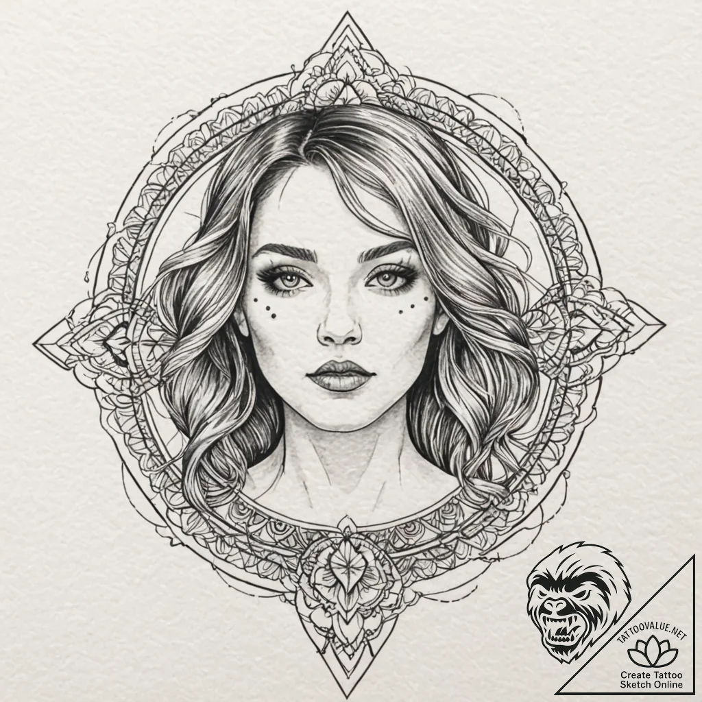 A beautiful, realistic woman's face, with her... - tattoo sketch (№1752085554_0, 09.07.2025 18:25) — tattoovalue.net