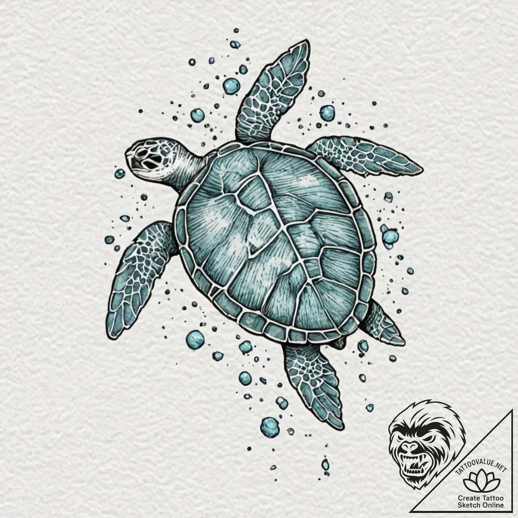 A graceful sea turtle, swimming through a tur... - tattoo sketch (№1752086637_0, 09.07.2025 18:43) — tattoovalue.net