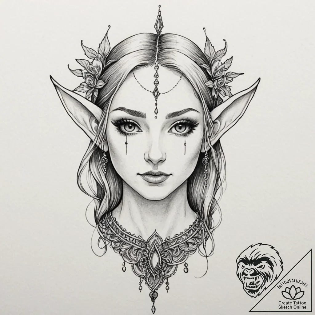 A beautiful elf with long, pointed ears and i... - tattoo sketch (№1752087060_0, 09.07.2025 18:51) — tattoovalue.net