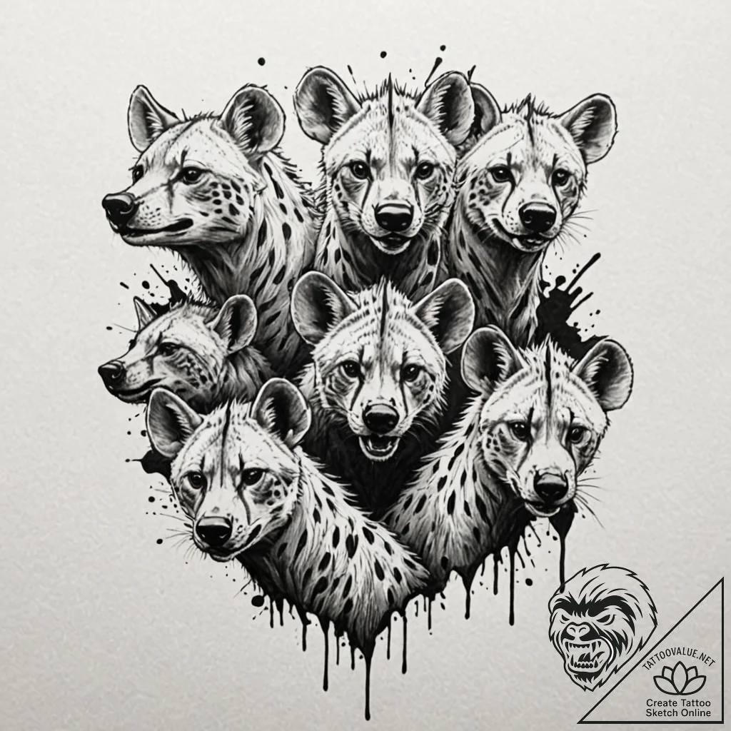 A powerful hunting pack of hyenas, their inte... - tattoo sketch (№1752088229_0, 09.07.2025 19:10) — tattoovalue.net