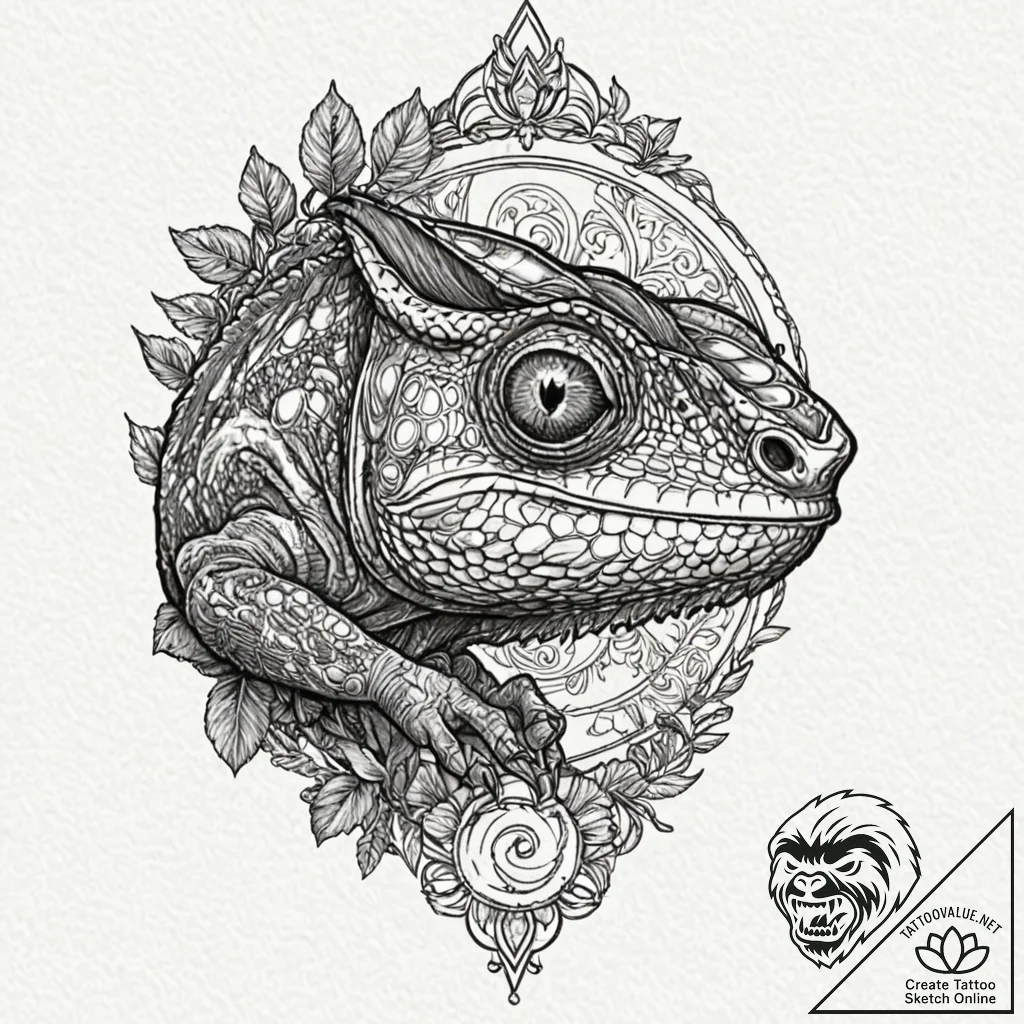 A beautiful, but focused chameleon, its eye l... - tattoo sketch (№1752088564_0, 09.07.2025 19:16) — tattoovalue.net