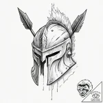A spartan helmet, battle-worn and cracked, wi… – tattoo sketch (№1752088733_0, 09.07.2025 19:18) — tattoovalue.net