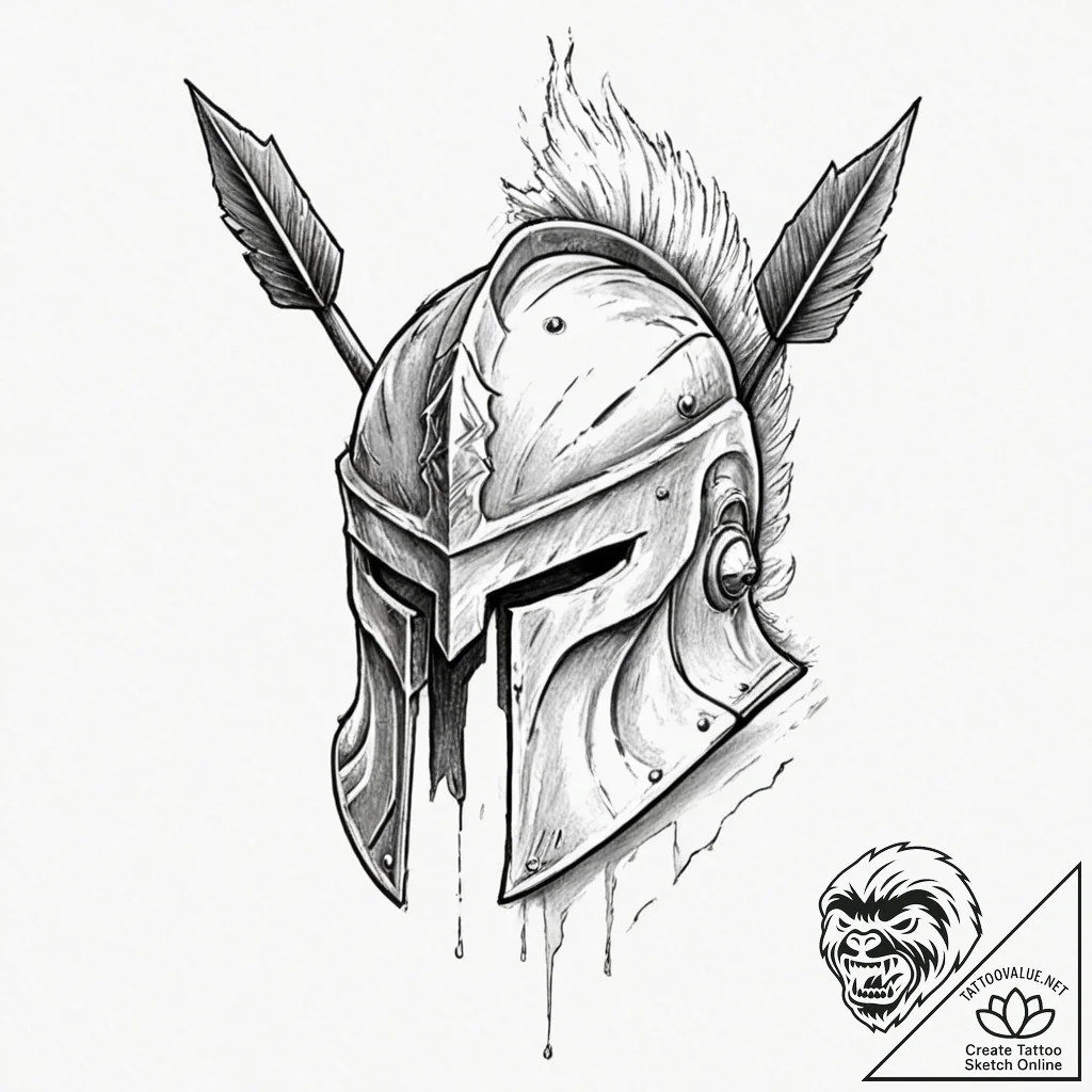 A spartan helmet, battle-worn and cracked, wi... - tattoo sketch (№1752088733_0, 09.07.2025 19:18) — tattoovalue.net