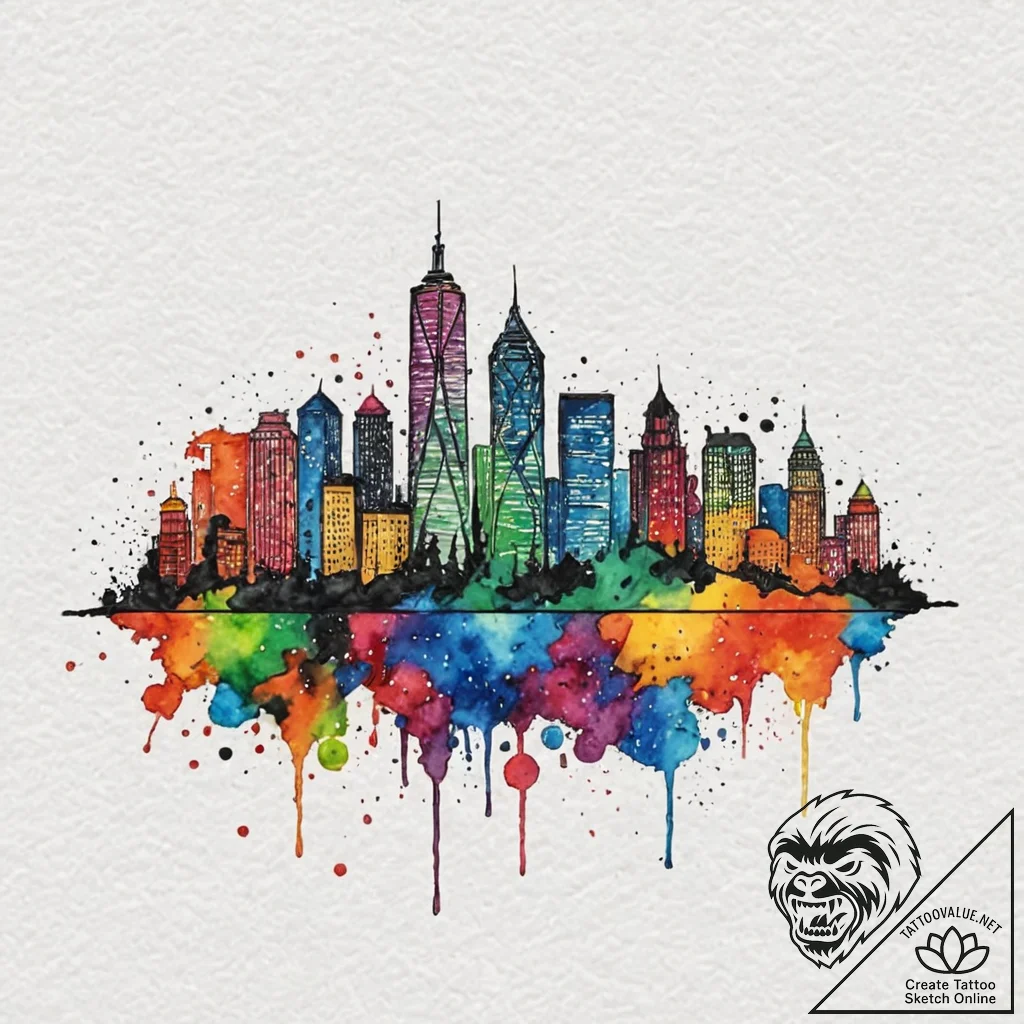 A city skyline at night, its lights are color... - tattoo sketch (№1752088986_0, 09.07.2025 19:23) — tattoovalue.net