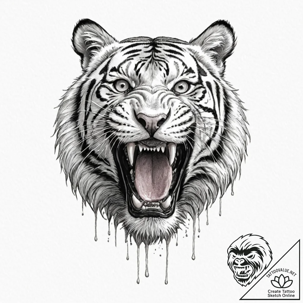 A roaring tiger, its stripes are deep, bleedi... - tattoo sketch (№1752089317_0, 09.07.2025 19:28) — tattoovalue.net