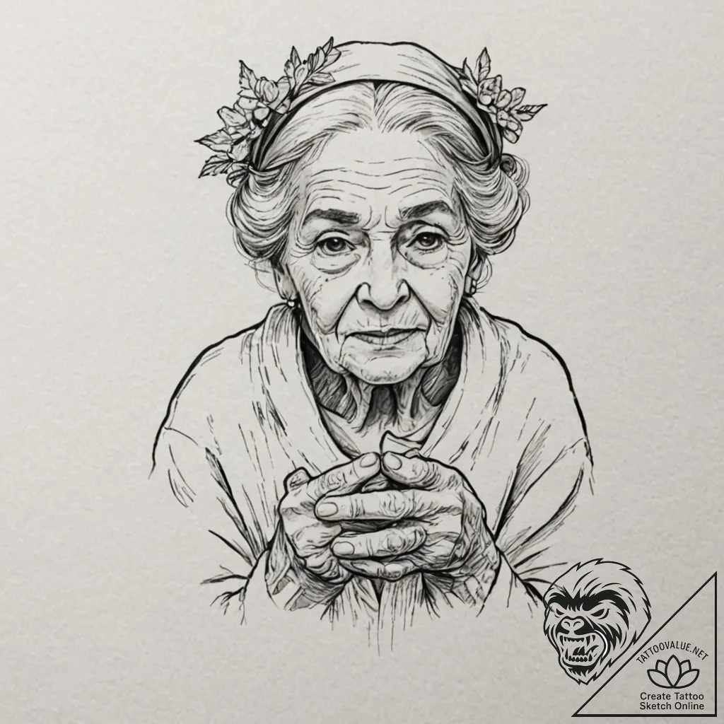 A beautiful, wise old grandmother, her hands... - tattoo sketch (№1752089950_0, 09.07.2025 19:39) — tattoovalue.net