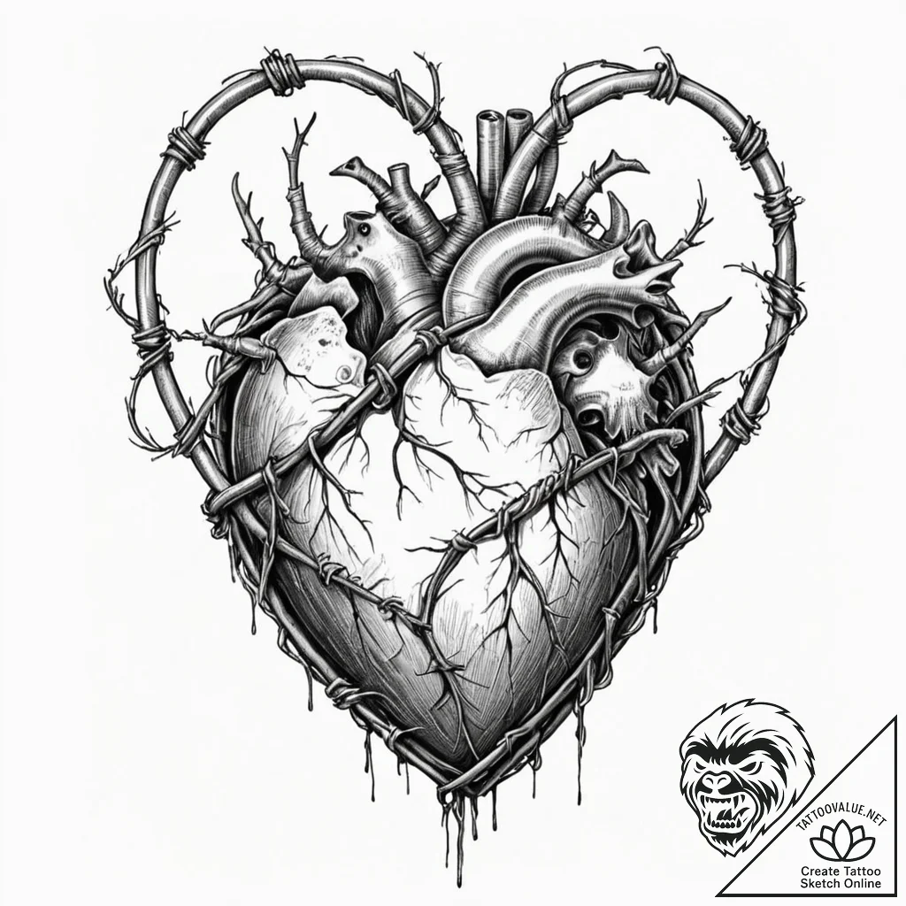 A human heart, wrapped tightly in barbed wire... - tattoo sketch (№1752090290_0, 09.07.2025 19:44) — tattoovalue.net