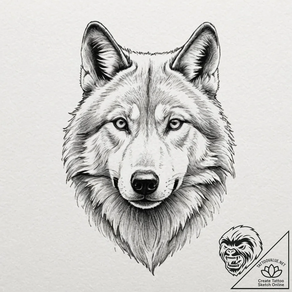 A realistic portrait of a wolf, with one eye... - tattoo sketch (№1752090918_0, 09.07.2025 19:55) — tattoovalue.net
