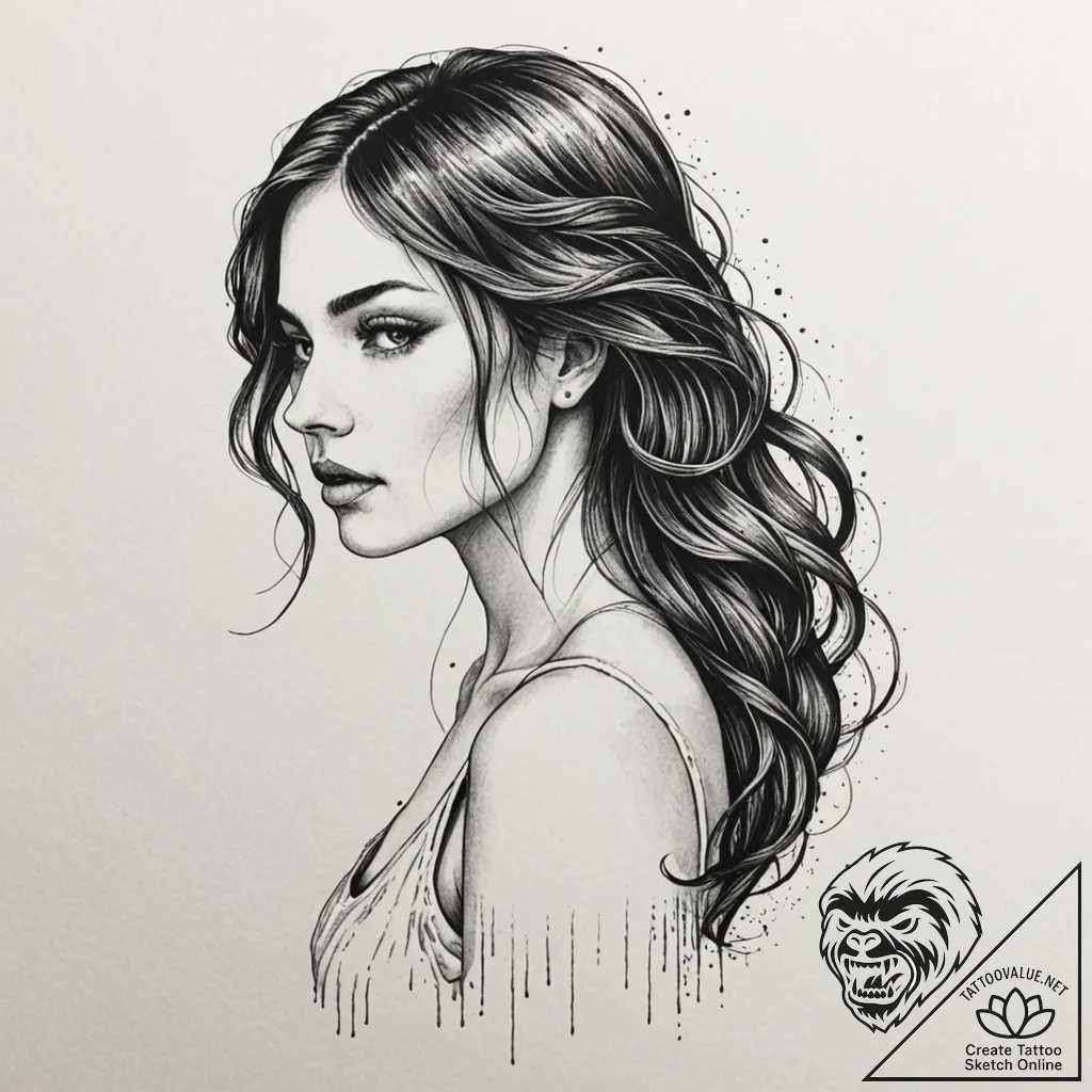 A beautiful woman whose hair is a waterfall,... - tattoo sketch (№1752091003_0, 09.07.2025 19:56) — tattoovalue.net