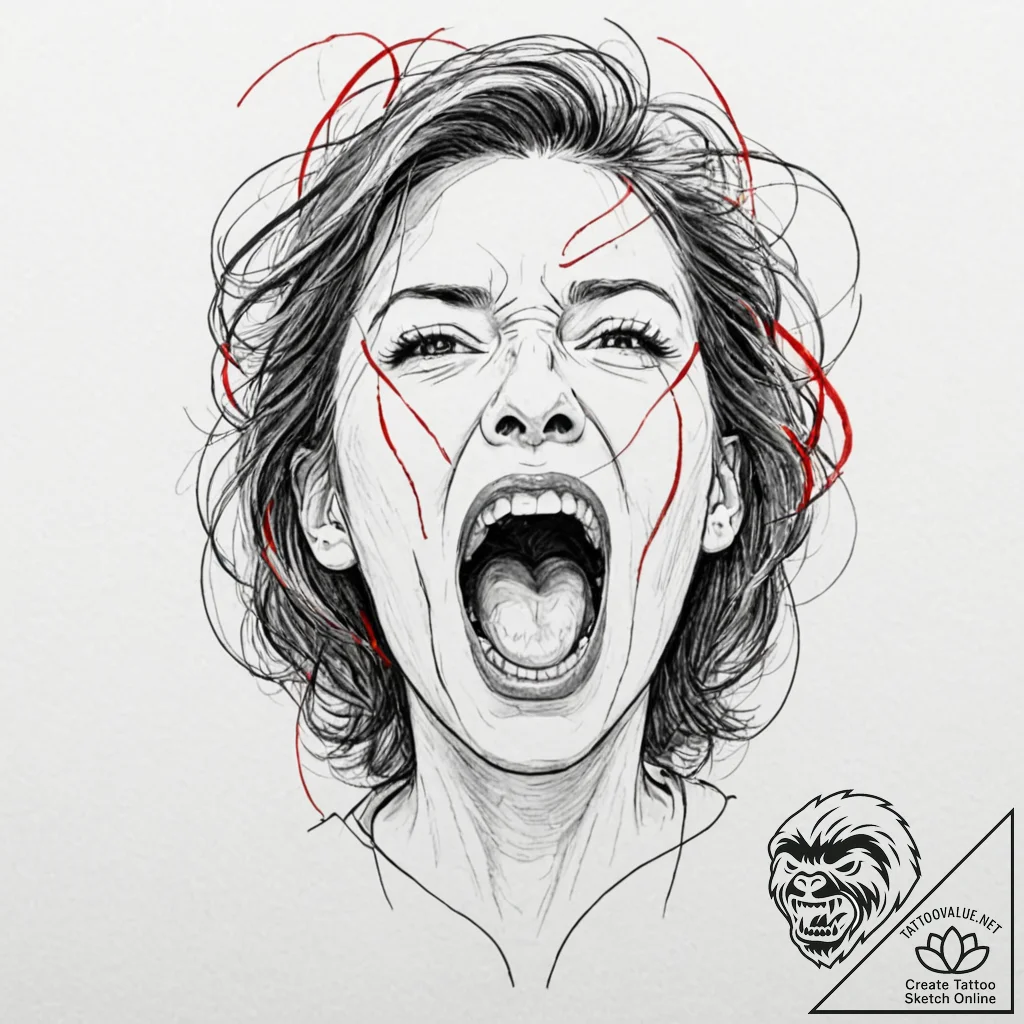 A portrait of a screaming face, half realisti... - tattoo sketch (№1752091260_0, 09.07.2025 20:01) — tattoovalue.net