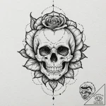 A skull, with a single, red rose in its teeth… – tattoo sketch (№1752091601_0, 09.07.2025 20:06) — tattoovalue.net