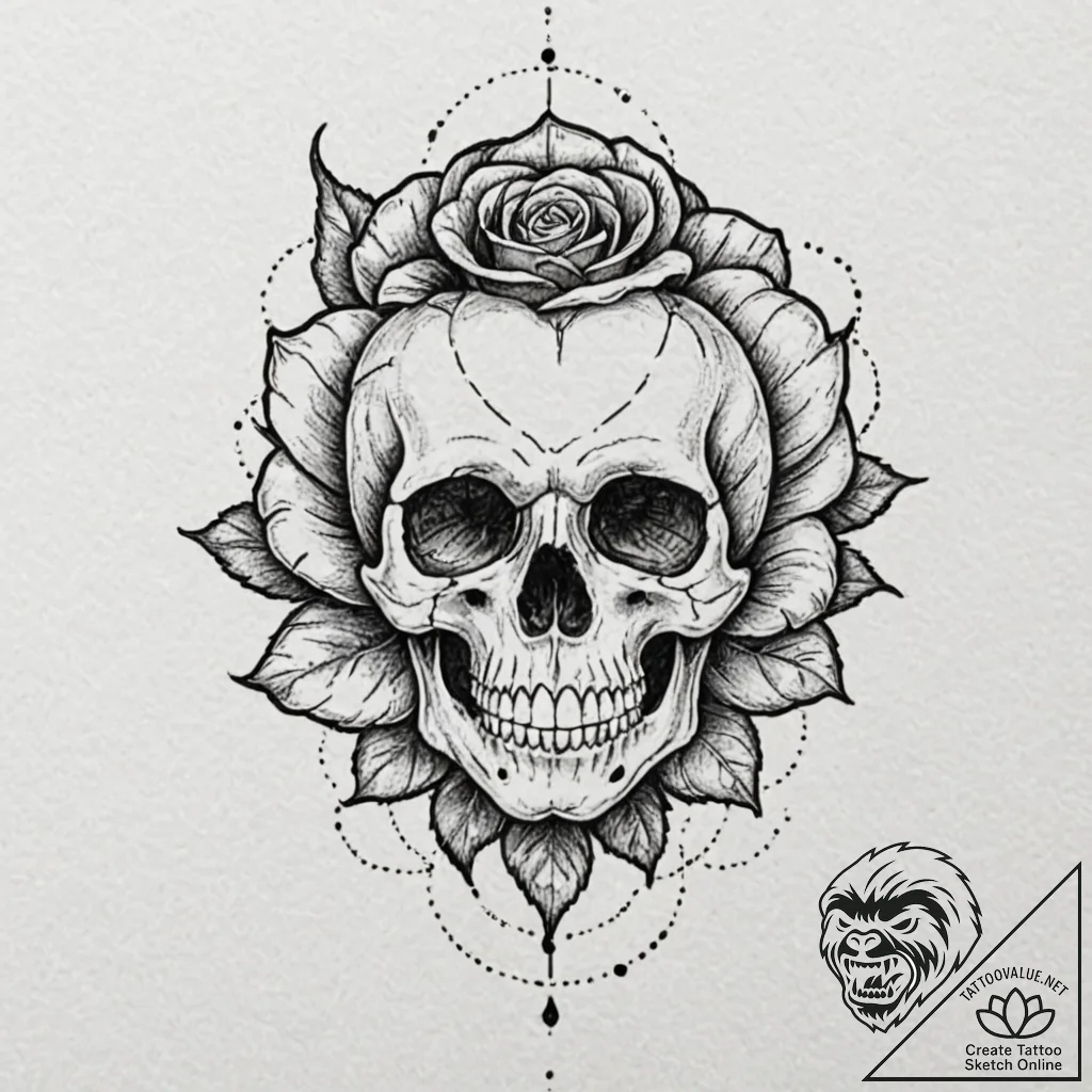 A skull, with a single, red rose in its teeth... - tattoo sketch (№1752091601_0, 09.07.2025 20:06) — tattoovalue.net