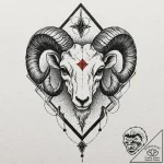A skull of a ram, with a stark, red, geometri… – tattoo sketch (№1752091854_0, 09.07.2025 20:10) — tattoovalue.net