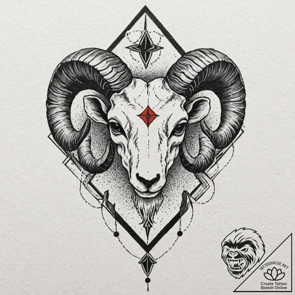 A skull of a ram, with a stark, red, geometri... - tattoo sketch (№1752091854_0, 09.07.2025 20:10) — tattoovalue.net