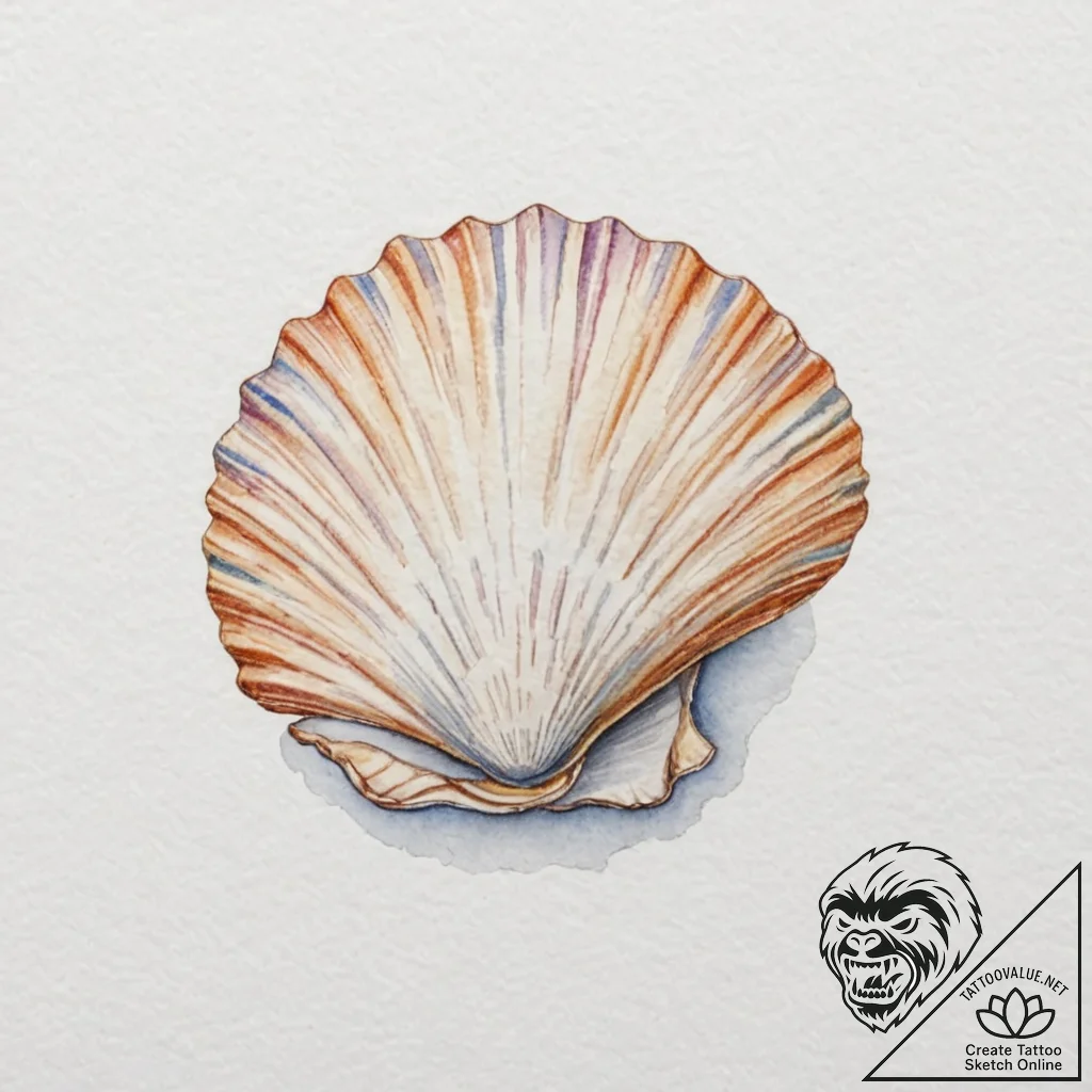 A single, delicate seashell, with pastel wate... - tattoo sketch (№1752092104_0, 09.07.2025 20:15) — tattoovalue.net