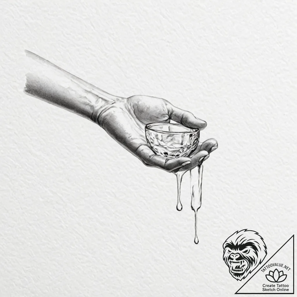 A human hand, offering the last drop of water - tattoo sketch (№1752092353_0, 09.07.2025 20:19) — tattoovalue.net