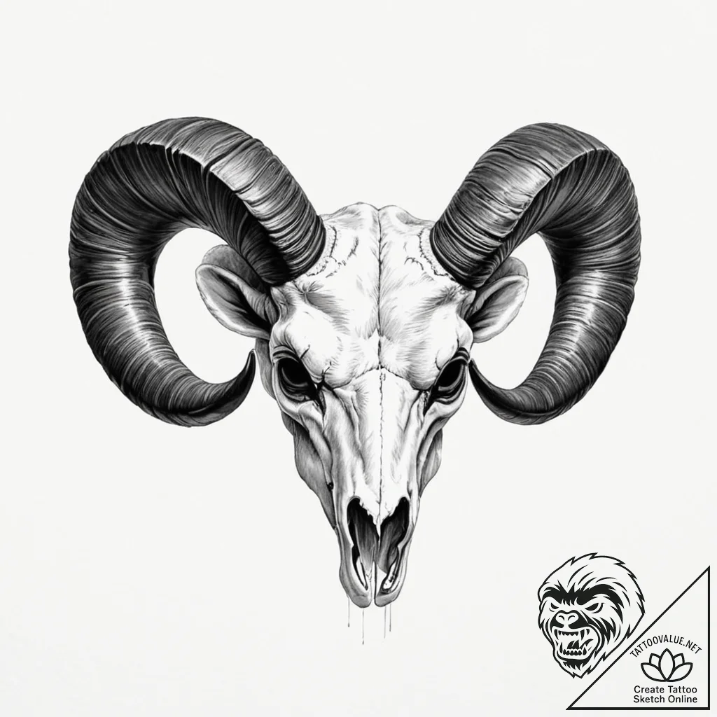 A beautiful ram's skull, its horns are made o... - tattoo sketch (№1752093484_0, 09.07.2025 20:38) — tattoovalue.net