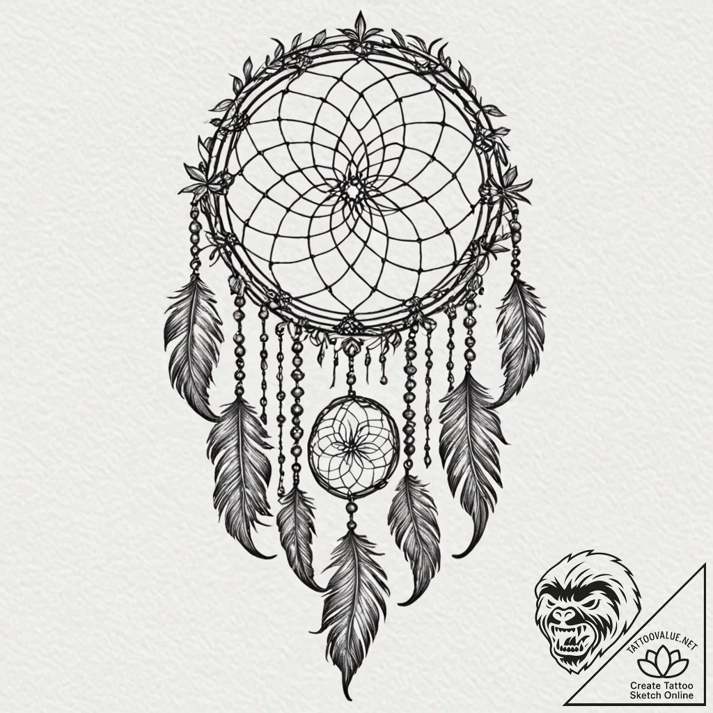A beautiful, delicate dreamcatcher, with dark... - tattoo sketch (№1752093567_0, 09.07.2025 20:39) — tattoovalue.net